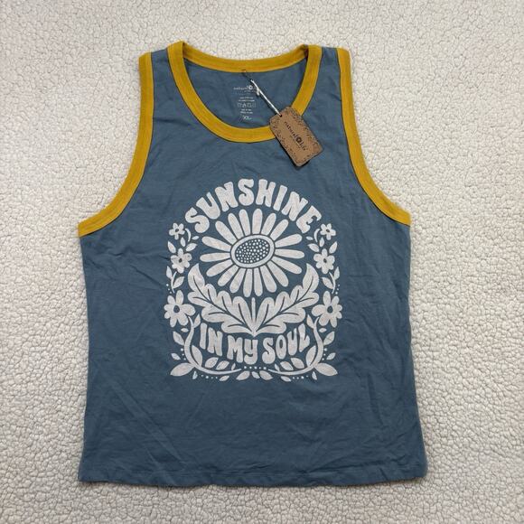 NWT Natural Life Womens XL Ringer Tank Top Sunshine In My Soul Blue Yellow Boho - Picture 1 of 6